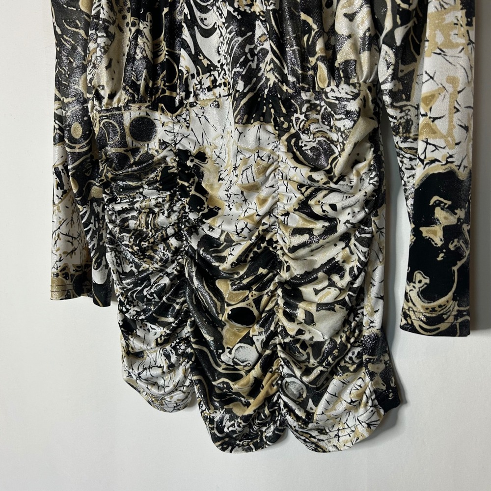 Joseph Ribkoff Top Size 10 Abstract Print‎ Black White Gold Ruched Long Sleeve - Picture 3 of 7